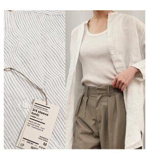 MUJI XS Striped Washed Hemp 3/4 Sleeve Tunic Top Button Down Cuff